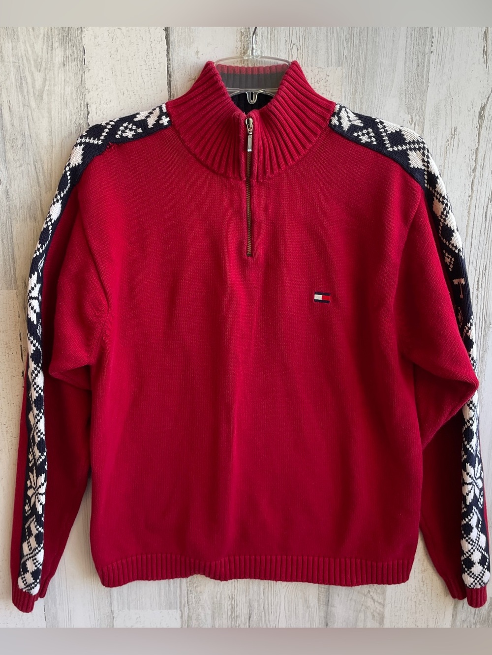 1999 Vintage Tommy Hilfiger Red Half-Zip Knit Sweater Navy & White Pattern Arms